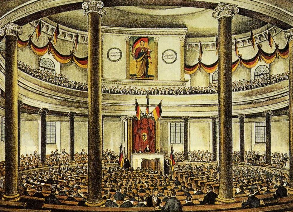 Pintura mostrando o parlamento em Frankfurt (Fonte: de.wikipedia.org/wiki/Deutsche_Revolution_1848)